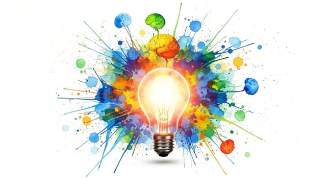 a brightly glowing lightbulb at the center, surrounded by an explosion of colorful watercolor splatters and paint drips. Above the lightbulb, several stylized, colorful brains are depicted, some conne