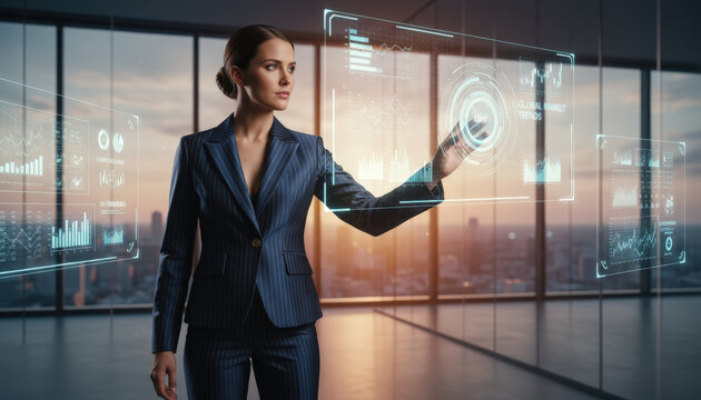 Confident businesswoman presenting strategy in modern corporate office with panoramic city view window