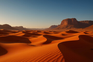 Naklejka premium Majestic desert landscape with orange sand dunes and rock formations under golden sunset sky in arid region