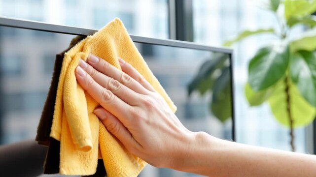 close-up of a hand using a soft yellow microfiber cloth to wipe a flat screen television in a modern indoor setting