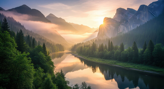 Majestic mountain valley with mirror lake reflection peaceful wilderness landscape at golden sunrise fog nature scene