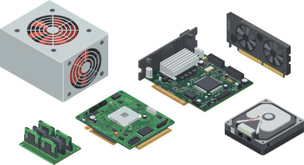 motherboard, GPU, RAM, HDD, PSU, cooler, circuit, board, hardware, computer, system, desktop, technology, illustration, components