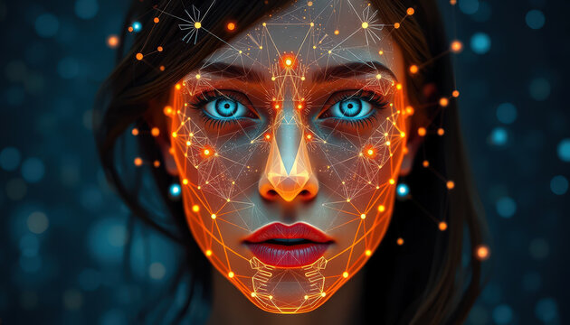 Facial recognition technology mapping biometric data point woman face - Powered by Adobe