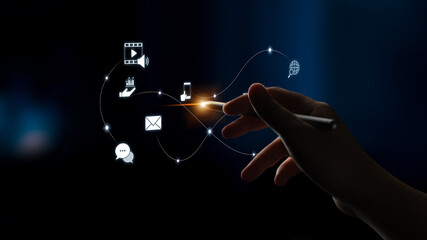 Omnichannel marketing journey showing interaction across media, email, messaging, mobile,...