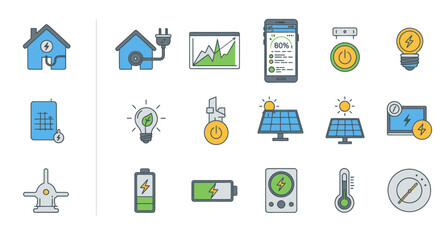 Smart Home Energy Icons: Renewable Energy Efficiency and Technology.