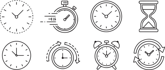 Timers and clock icon set. Time line symbol. Containing clock, stopwatch, hourglass vector element illustration eps