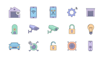 Colorful line icon set for smart home technology automation and security systems.