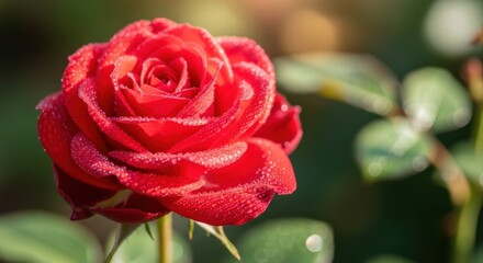 Close up of a vibrant red rose with dew drops glistening on its petals
