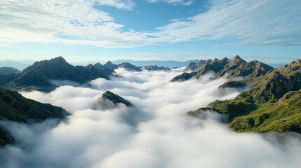 Mist drifting through high valley creating peaceful cinematic scene with sunlit peaks
