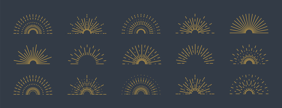 Collection of gold boho half sunrise line icons with various retro, geometric line designs