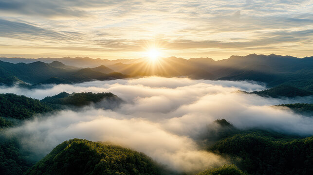 Mist morning sunrise hilltop foggy valley serene sunrise glow