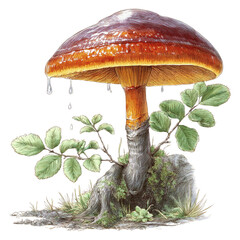 Illustration of Mushroom with Droplets and Leaves