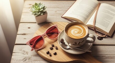 Cozy morning coffee break with book and sunglasses on rustic wooden table