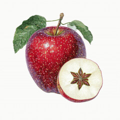 Red Apple Slice with Leaves