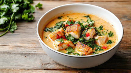 Fototapeta premium Grilled fish stew with coconut broth, cilantro and peppers, comforting savory bowl