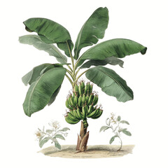 Banana Plant with Unripe Fruit and Flowers