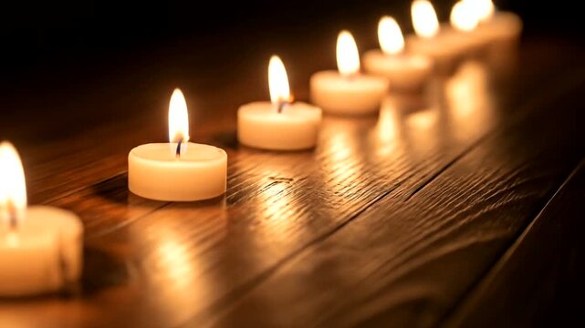 Row of Lit Tea Light Candles on Wooden Surface.