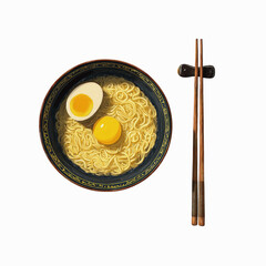 Bowl of Ramen Noodles with Eggs and Chopsticks