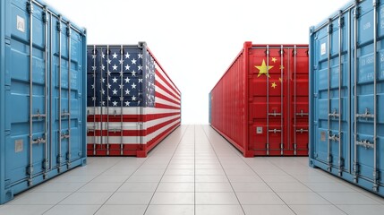 Fototapeta premium Trade Tensions: Cargo containers, emblazoned with the flags of the United States and China, stand in stark juxtaposition.