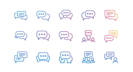 Collection of colorful gradient line art icons for communication chat and speech bubbles.