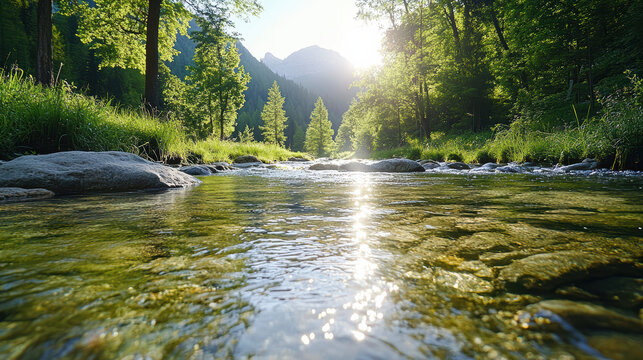 Sparkling mountain stream morning glow peaceful forest valley