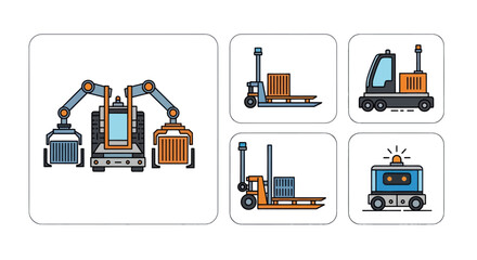 Industrial Robotic Arms and Automated Warehouse Vehicles.