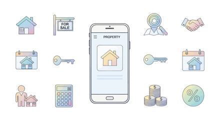 Collection of real estate and home buying icons on a white background.