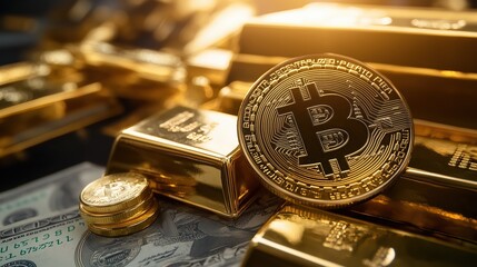 Bitcoin and Gold: The image showcases the convergence of the digital and physical realms of wealth, with a bitcoin coin resting alongside gold bars and stacks of cash.