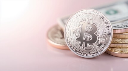 Bitcoin on Pink: A gleaming silver bitcoin stands proudly amidst a collection of coins and currency, hinting at digital wealth and financial evolution.
