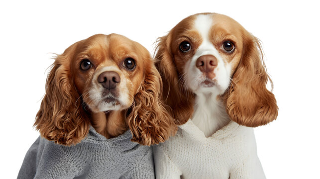Cute twin dogs wearing cozy sweaters isolated on transparent background