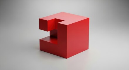 Geometric red puzzle piece with interlocking shape on a light gray background