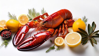 a colorful display of lobsters fresh lemons and other food items perfect for a seafood feast on a white background