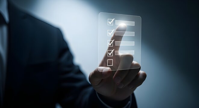 Close up of a person in a suit touching a futuristic glowing digital screen with their finger
