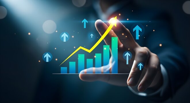 Hand interacting with a futuristic holographic financial graph showing upward growth and positive trends