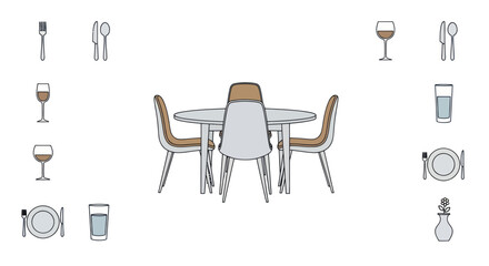 Modern Dining Table Set with Four Chairs and Accessories.