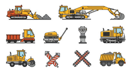 Construction Vehicles Set: Bulldozer Excavator Truck Roller and More.
