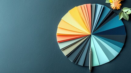 A circular color fan displays a spectrum of hues, from warm yellows and oranges to cool blues and grays, with a pen and decorative elements.