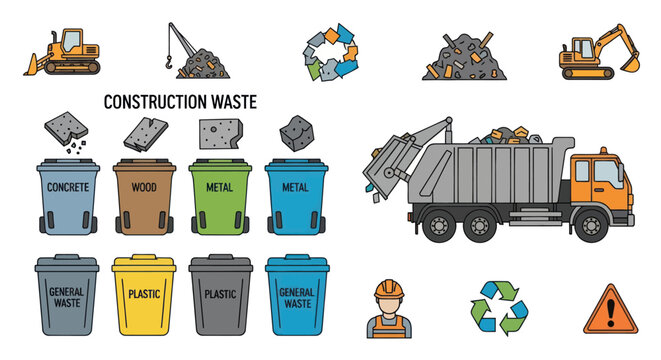 Colorful illustrated set of construction waste management icons including sorting bins garbage truck and heavy machinery.