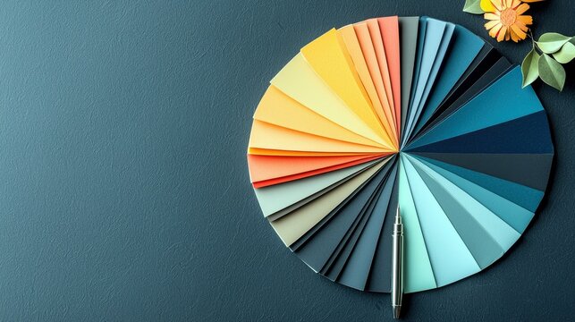 A circular color fan displays a spectrum of hues, from warm yellows and oranges to cool blues and grays, with a pen and decorative elements.