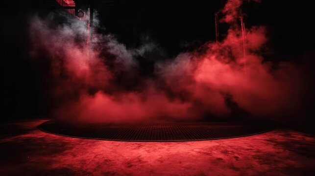Dark stage setting with mist, fog, and red smoke, creating an ethereal atmosphere ideal for artistic presentations and generative AI content.