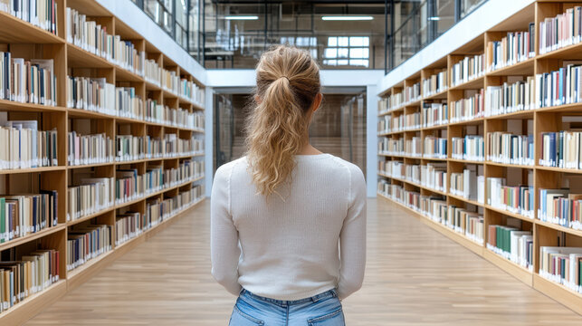 Young woman browsing library aisle, contemplative mood, rows of books on wooden shelves