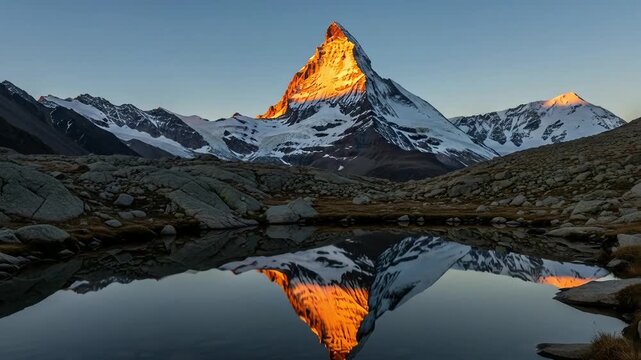 Image is a landscape photograph capturing a majestic mountain scene at sunrise or sunset. The mountain, covered in snow, is bathed in a golden hue from the sunlight, creating a striking contrast again