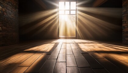 radiant light streams through an opening illuminating a textured floor with dramatic shadows