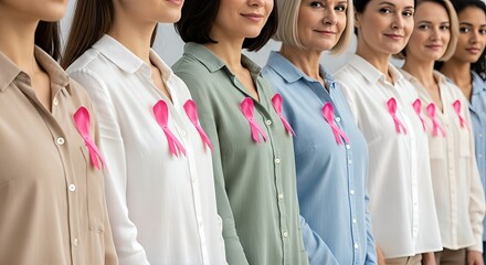 Diverse women with pink ribbons for breast cancer awareness.