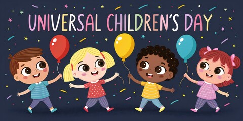 Happy Universal Childrens Day illustration featuring diverse children holding balloons perfect for posters and greeting cards
