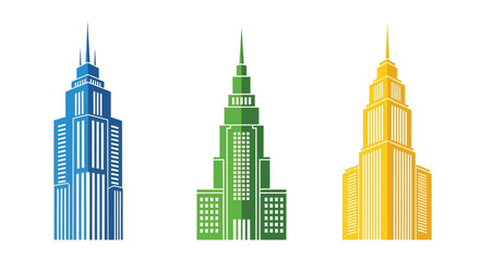 Obraz premium Stylized illustrations of three tall skyscrapers in blue green and gold