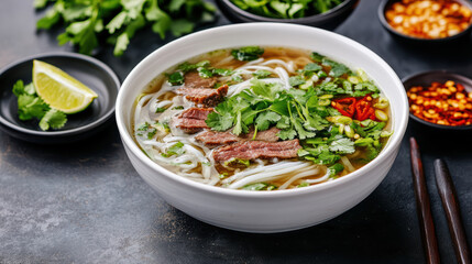 Beef noodle soup aromatic broth rice noodles cilantro slice lime