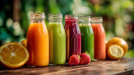 Assortment of Freshly Squeezed Fruit and Vegetable Juices in Glass Bottles.