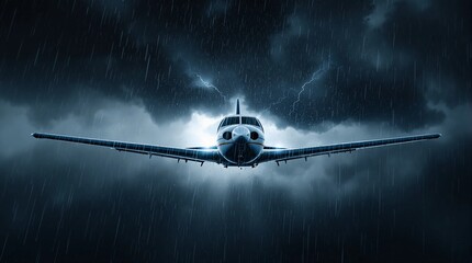 Take control! Airplane flying through dramatic storm with lightning strikes nearby