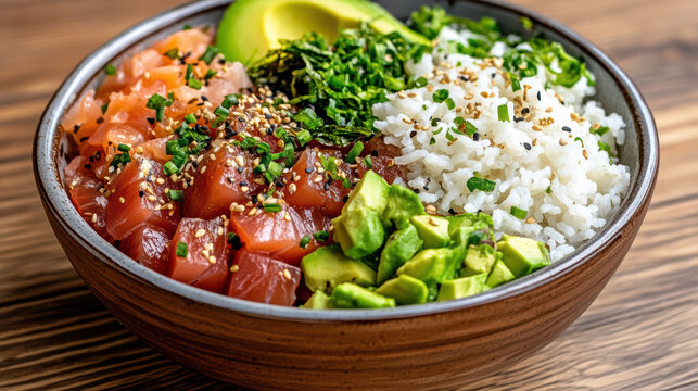 Fresh ahi tuna poke bowl with avocado rice sesame seaweed garnish - Powered by Adobe